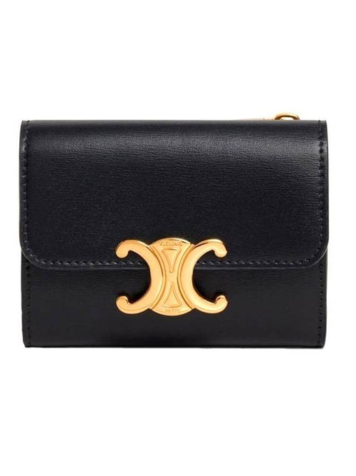 CELINE Triomphe Compact Shiny Calfskin Coin Half Wallet Black