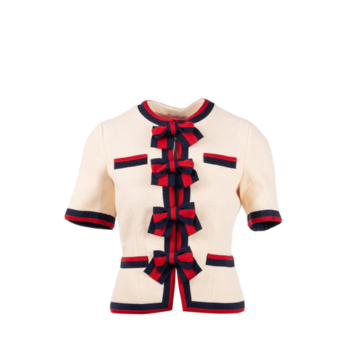 Gucci size 36 ribbon button mini jacket multicolour beige / navy/ red
