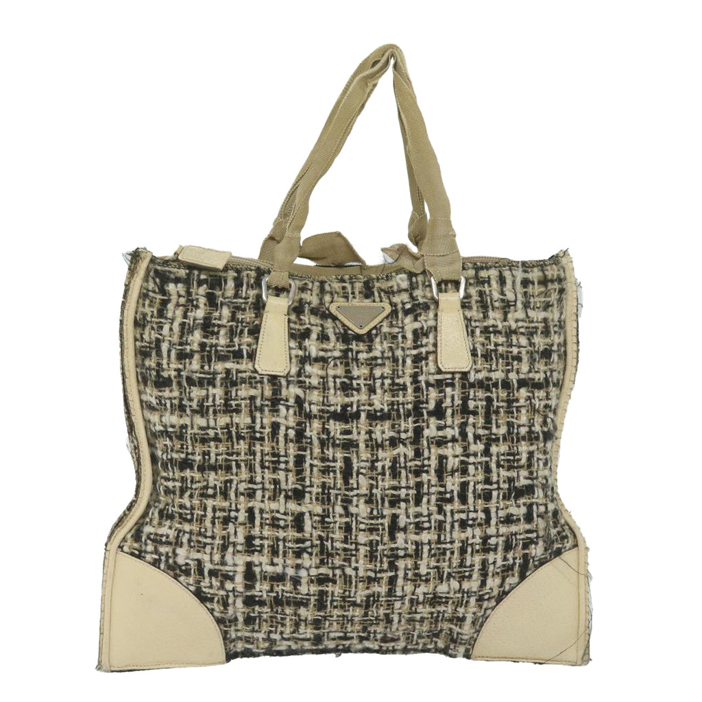 PRADA Hand Bag Tweed Beige Black  61437