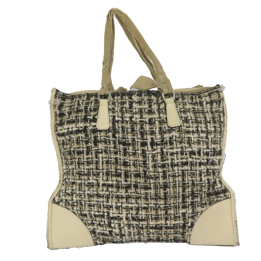 PRADA Hand Bag Tweed Beige Black  61437