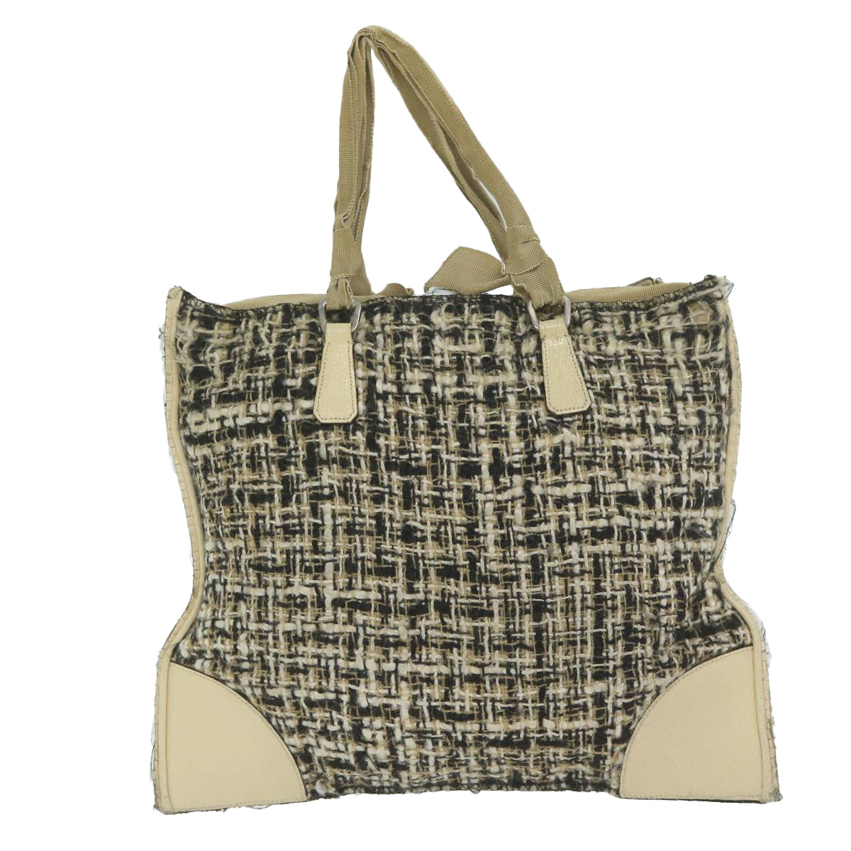 PRADA Hand Bag Tweed Beige Black  61437
