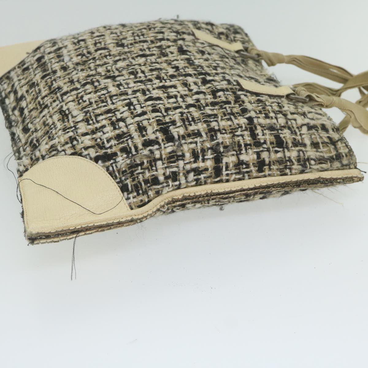 PRADA Hand Bag Tweed Beige Black  61437