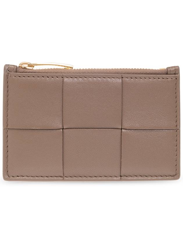 Bottega Veneta Intrecciato Zipper Card Wallet Taupe Grey