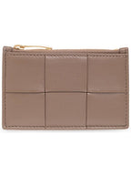 Bottega Veneta Intrecciato Zipper Card Wallet Taupe Grey