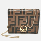 Fendi Brown Ff Leather Wallet On Chain