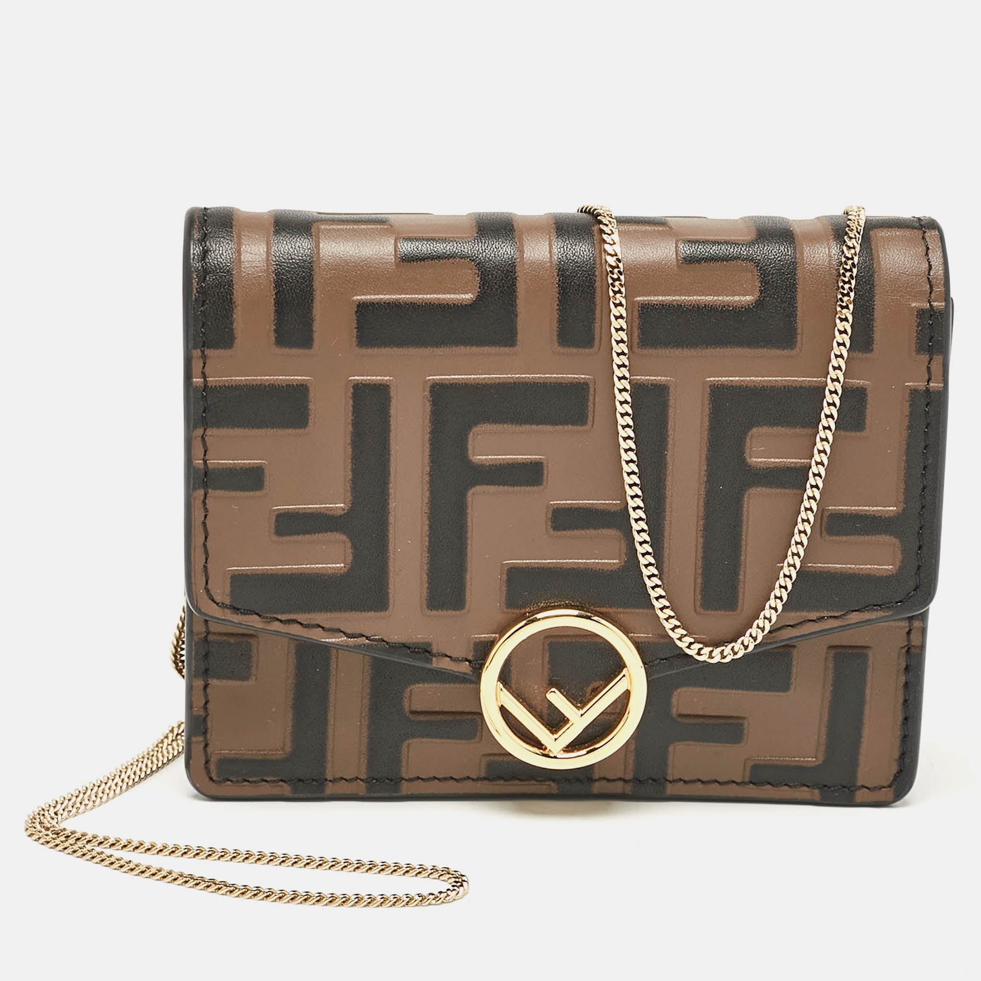 Fendi Brown Ff Leather Wallet On Chain