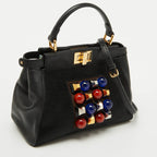 Fendi Black Leather And Calf Hair Studs Mini Peekaboo Top Handle Bag