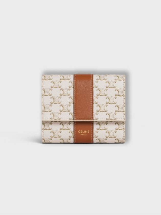 CELINE Triomphe Canvas Lambskin Trifold Small Half Wallet White Tan