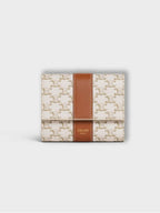 CELINE Triomphe Canvas Lambskin Trifold Small Half Wallet White Tan