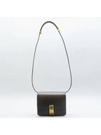 CELINE 189183 Black leather CLASSIC BOX S size gold logo lock detail flap shoulder bag