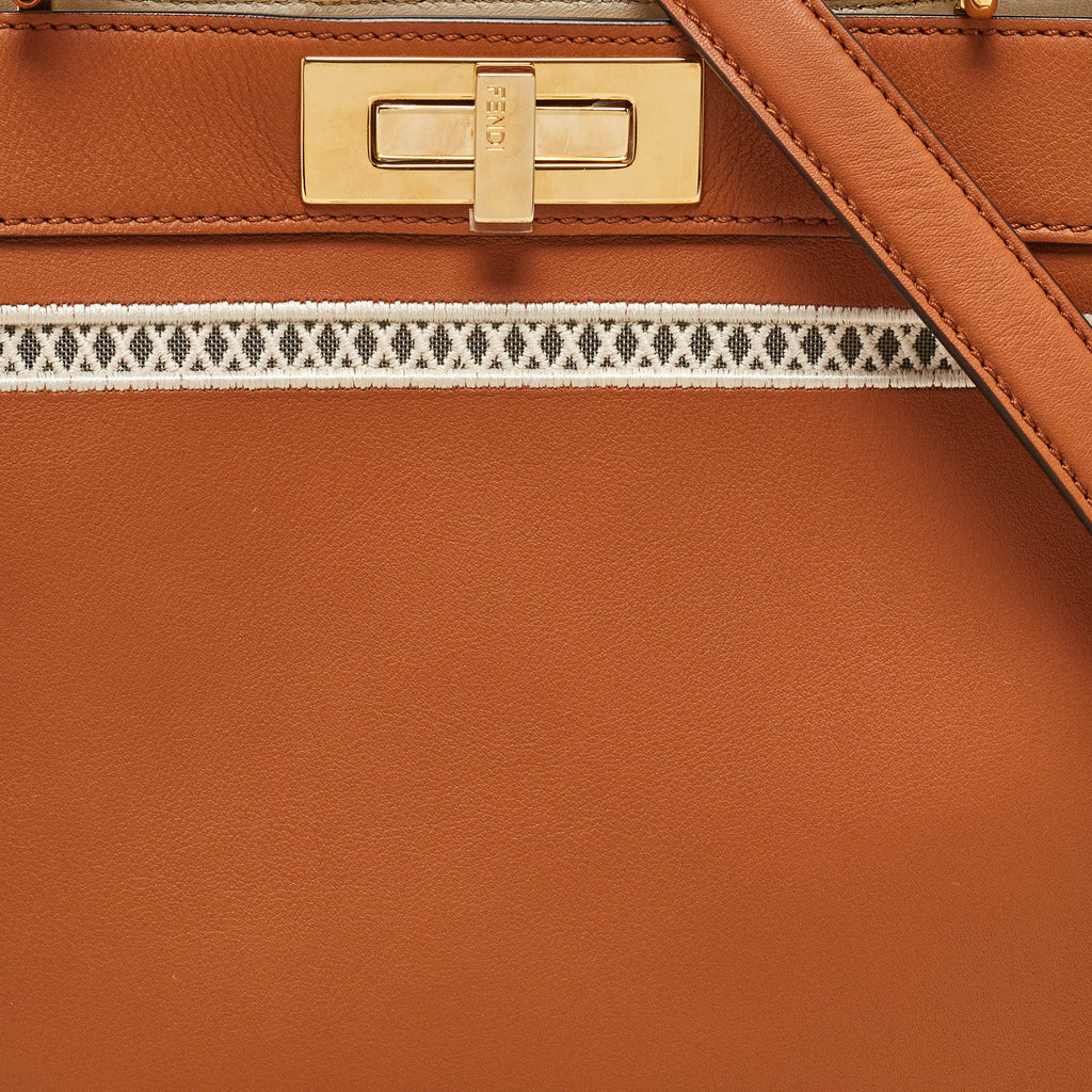 Fendi Brown Leather Embroidered Medium Peekaboo Iseeu Top Handle Bag