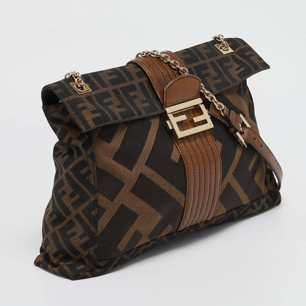 Fendi Zucca Canvas And Leather Maxi Baguette Flap Shoulder Bag