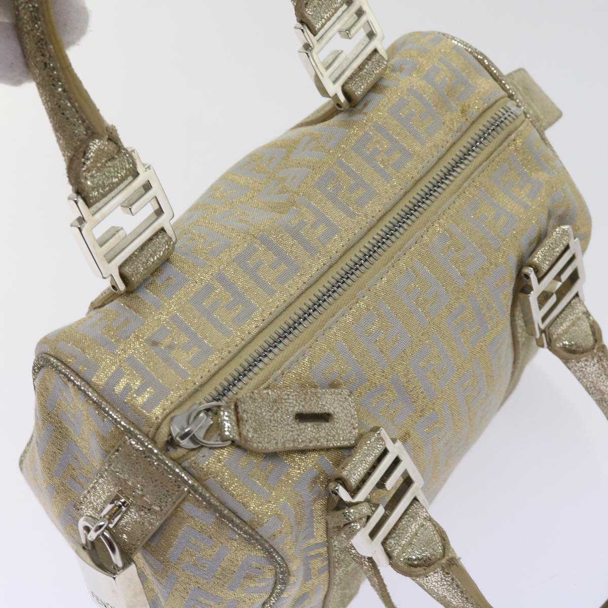 FENDI Zucchino Canvas Hand Bag Gold Silver64797