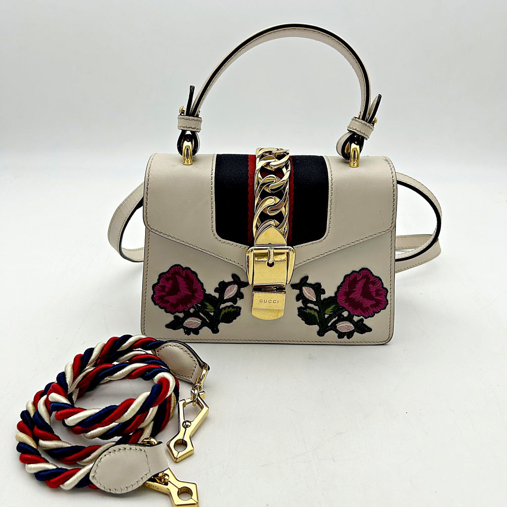 GUCCI Mini Sylvie Top Handle Bag Floral Ivory LA27140