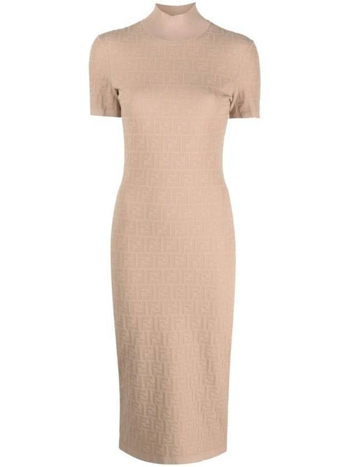 Fendi Women's FF Logo Short Sleeve Midi Dress Beige