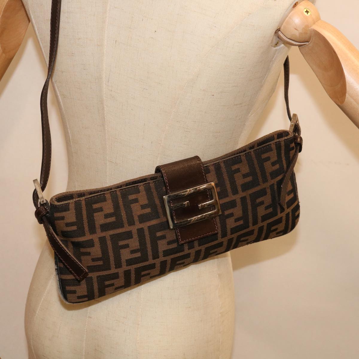 FENDI Zucca Canvas Mamma Baguette Shoulder Bag Brown Black65651