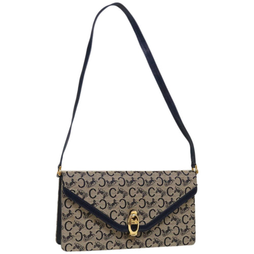 CELINE C Macadam Canvas Shoulder Bag Beige Navy  66179