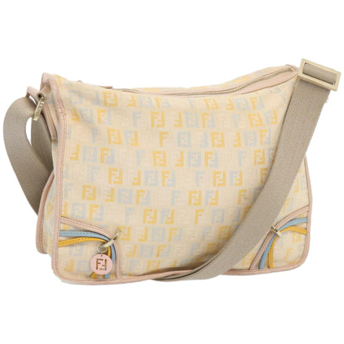 FENDI Zucchino Canvas Shoulder Bag Beige Light Blue yellow66310