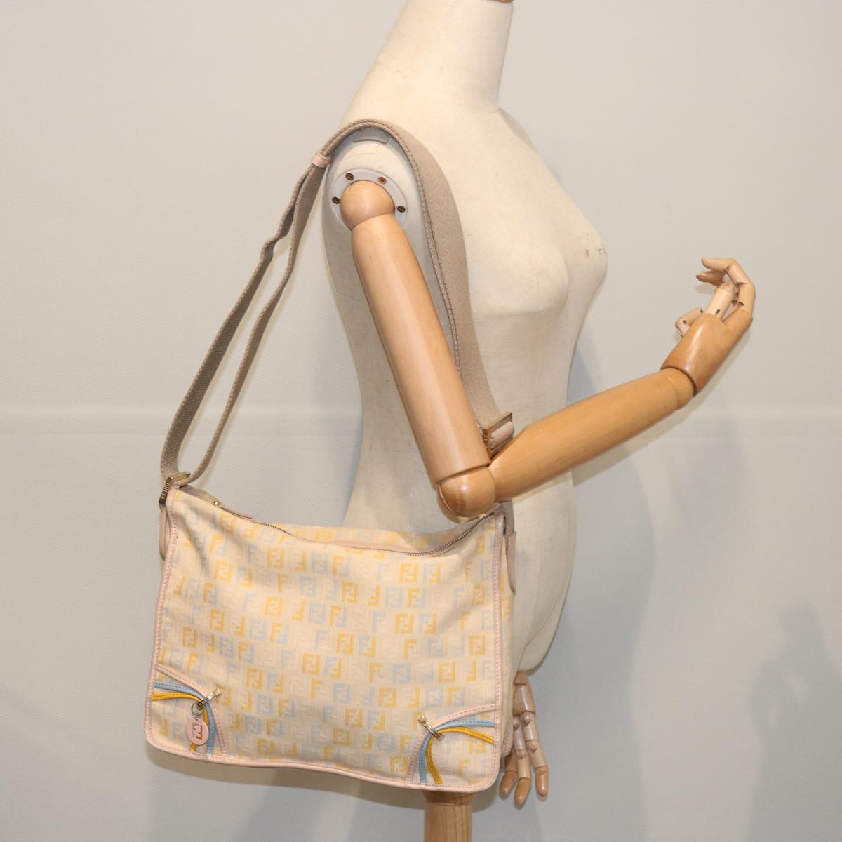 FENDI Zucchino Canvas Shoulder Bag Beige Light Blue yellow66310