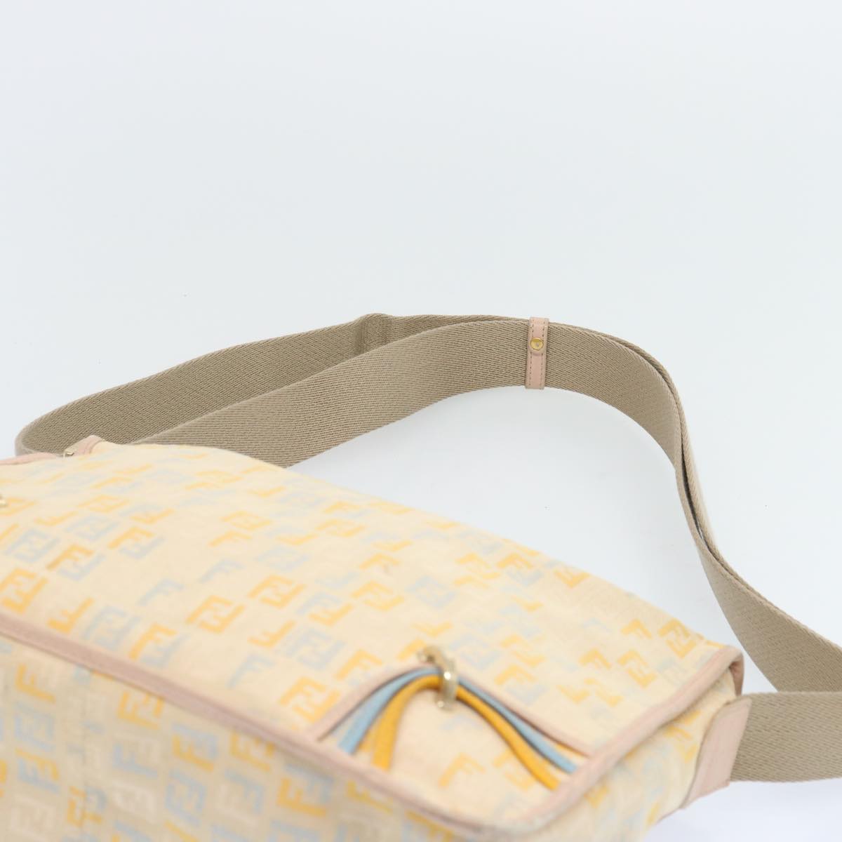 FENDI Zucchino Canvas Shoulder Bag Beige Light Blue yellow66310