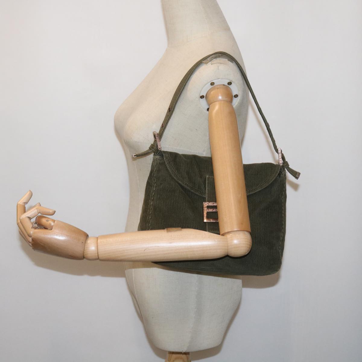 FENDI Mamma Baguette Shoulder Bag Corduroy Khaki66602