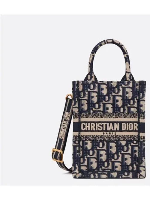 Oblique Embroidery Mini Book Phone Tote Bag Blue Dior