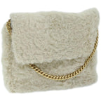 CELINE Chain Shoulder Bag Wool White Auth 66964