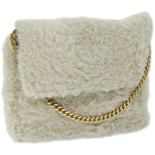 CELINE Chain Shoulder Bag Wool White Auth 66964