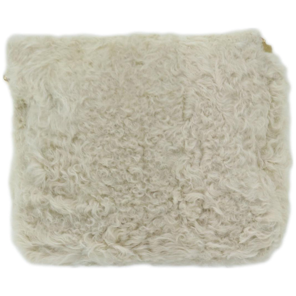 CELINE Chain Shoulder Bag Wool White Auth 66964