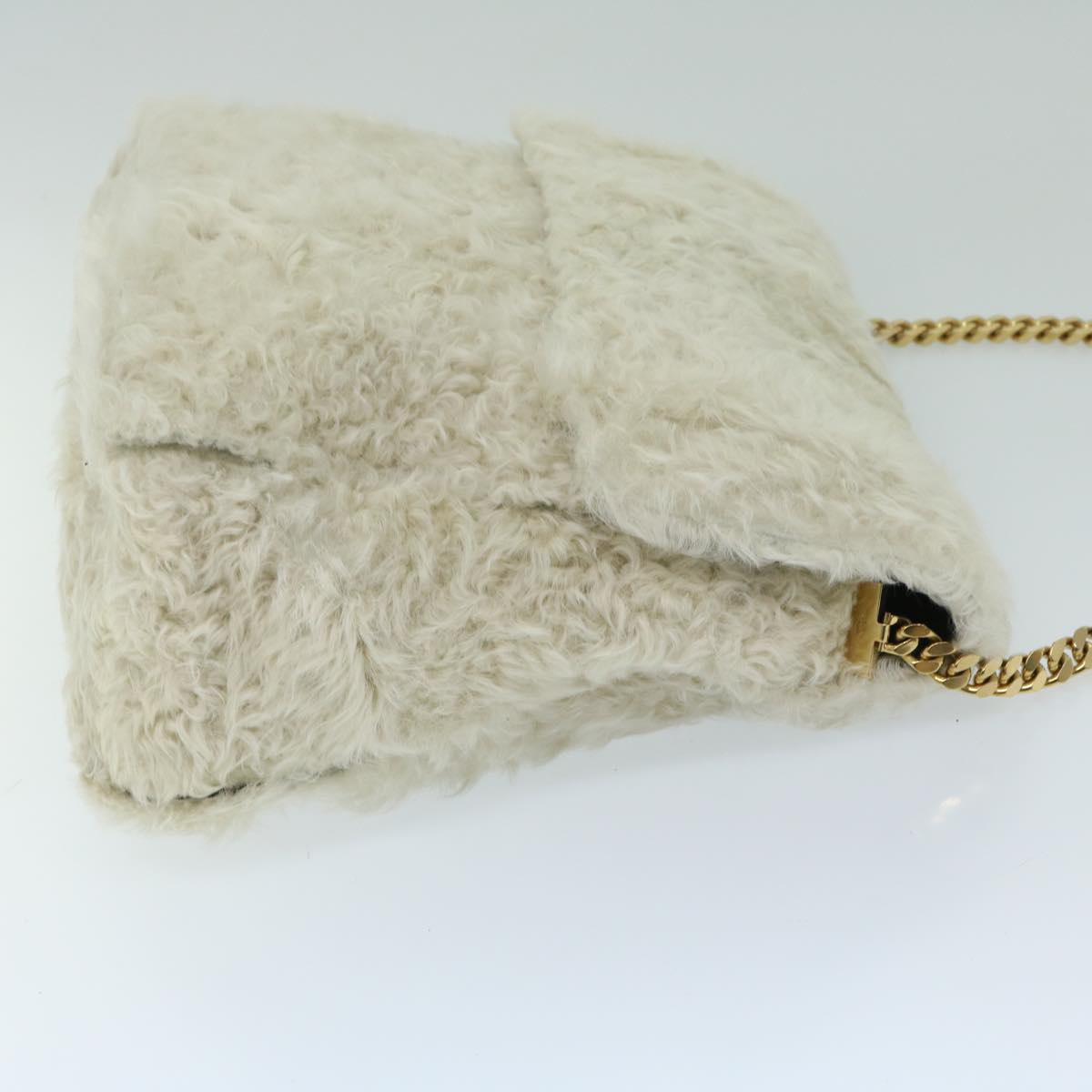 CELINE Chain Shoulder Bag Wool White Auth 66964