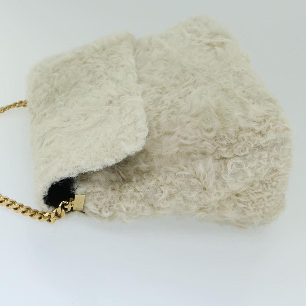 CELINE Chain Shoulder Bag Wool White Auth 66964