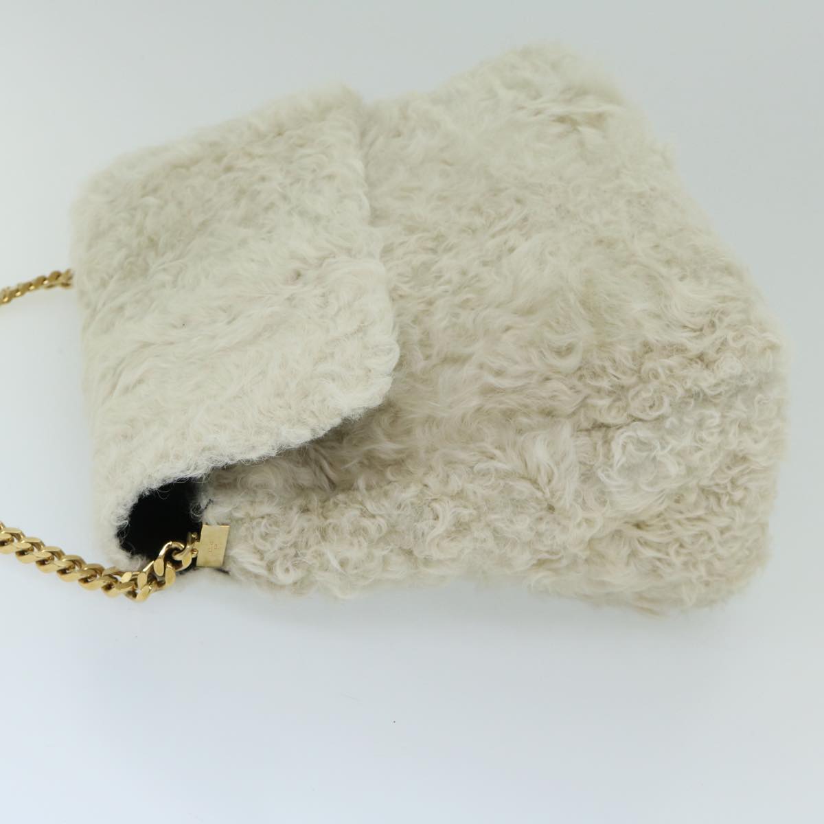 CELINE Chain Shoulder Bag Wool White Auth 66964