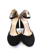 Chloe Womens Scalloped Suede Ankle Strap Block Heel Pumps Black Suede