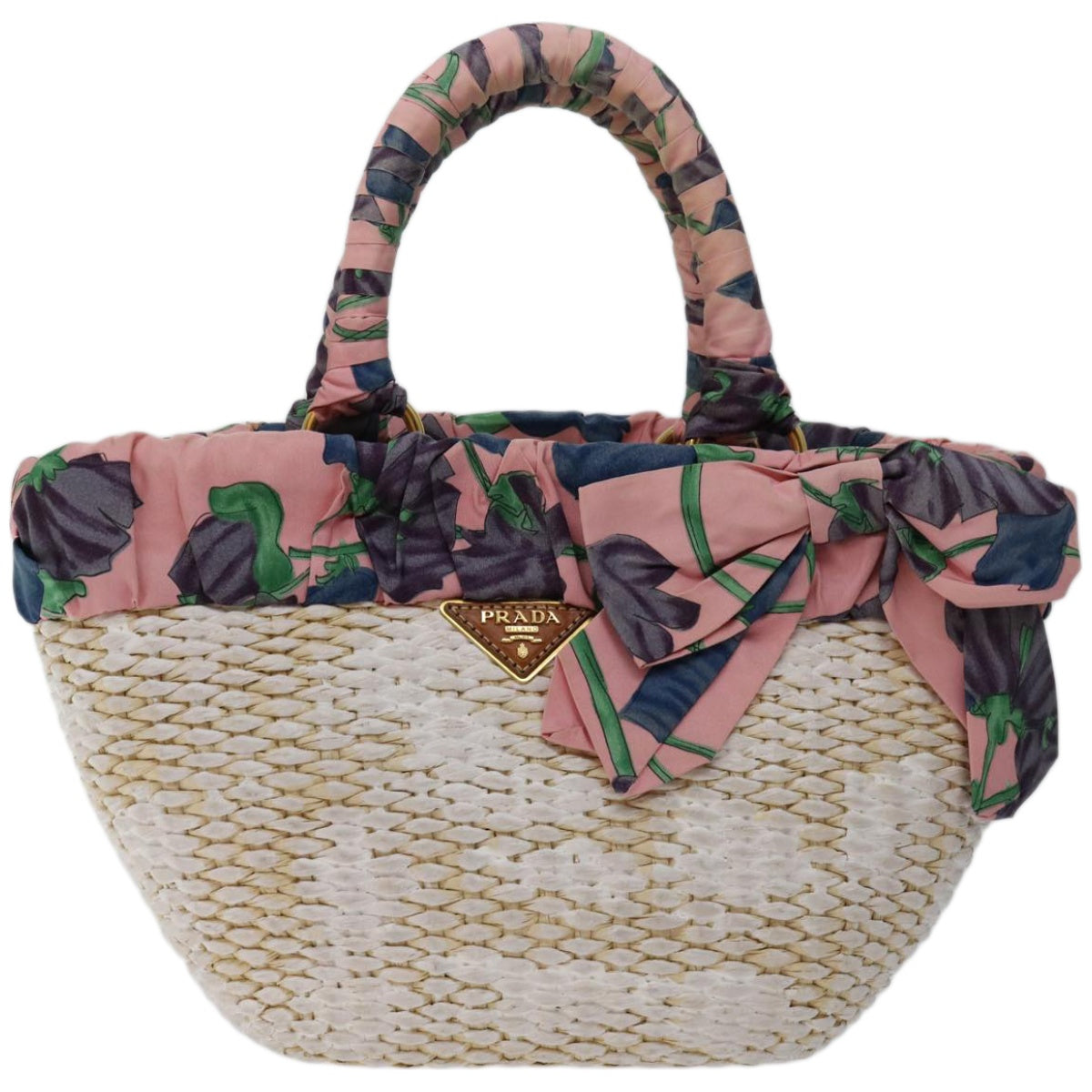 PRADA Hand Bag Straw White Pink  67207