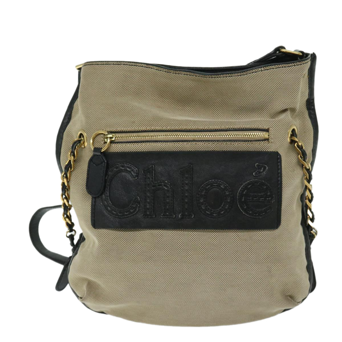 Chloe Harley Shoulder Bag Canvas Leather Beige Black 67269