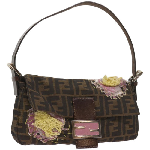FENDI Zucchino Canvas Mamma Baguette Shoulder Bag Brown Black67285