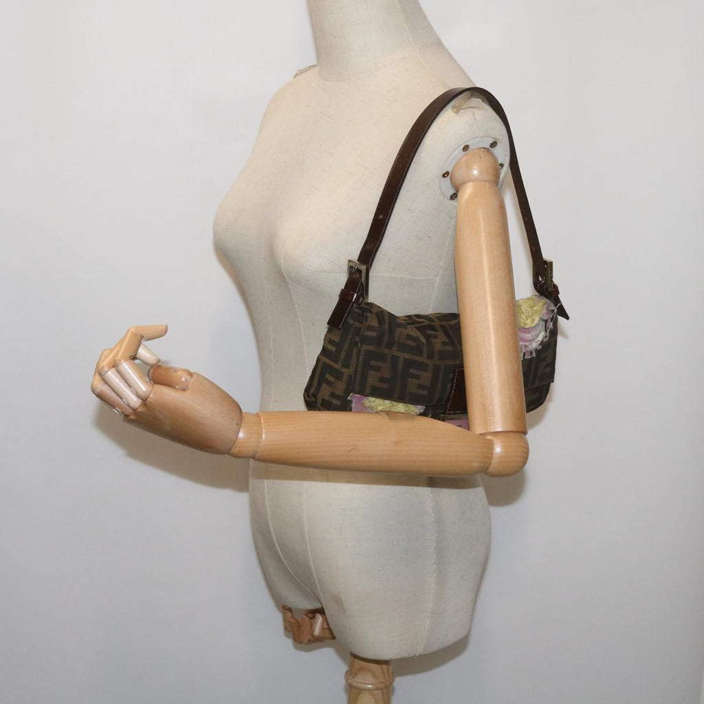 FENDI Zucchino Canvas Mamma Baguette Shoulder Bag Brown Black67285