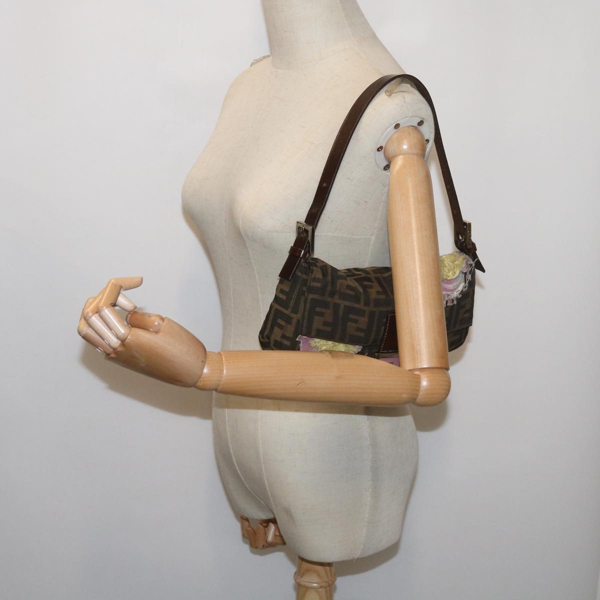 FENDI Zucchino Canvas Mamma Baguette Shoulder Bag Brown Black67285