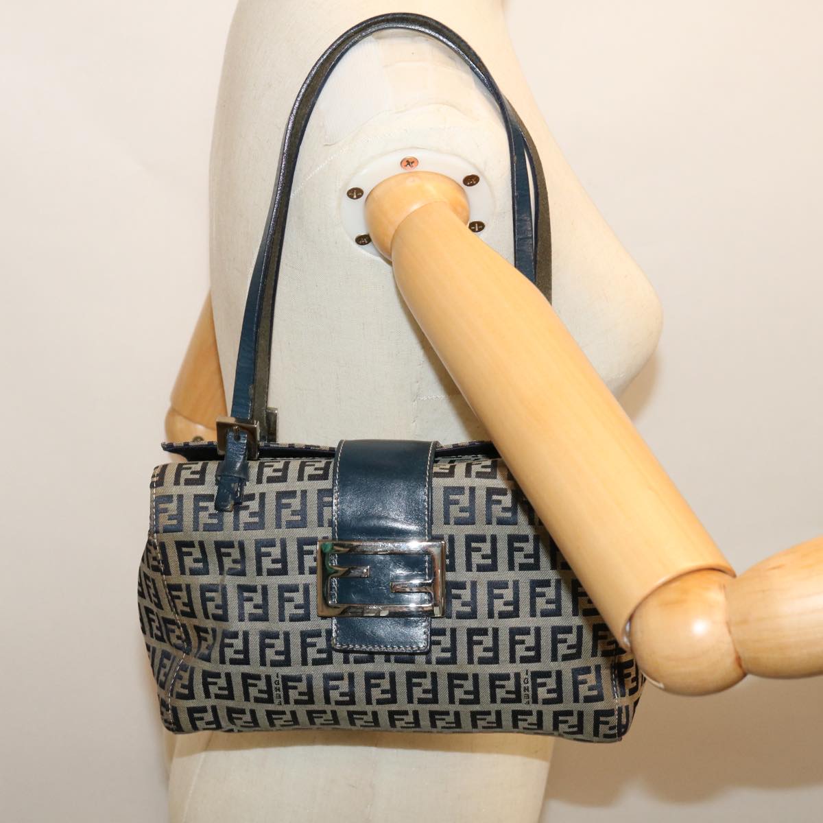 FENDI Zucchino Canvas Mamma Baguette Hand Bag Navy67746