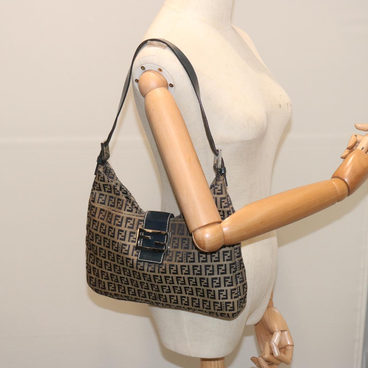 FENDI Zucchino Canvas Mamma Baguette Shoulder Bag Navy67822