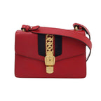 Gucci Sylvie Small Leather Shoulder Bag with Metal Buckle and Web Strap 047853000395