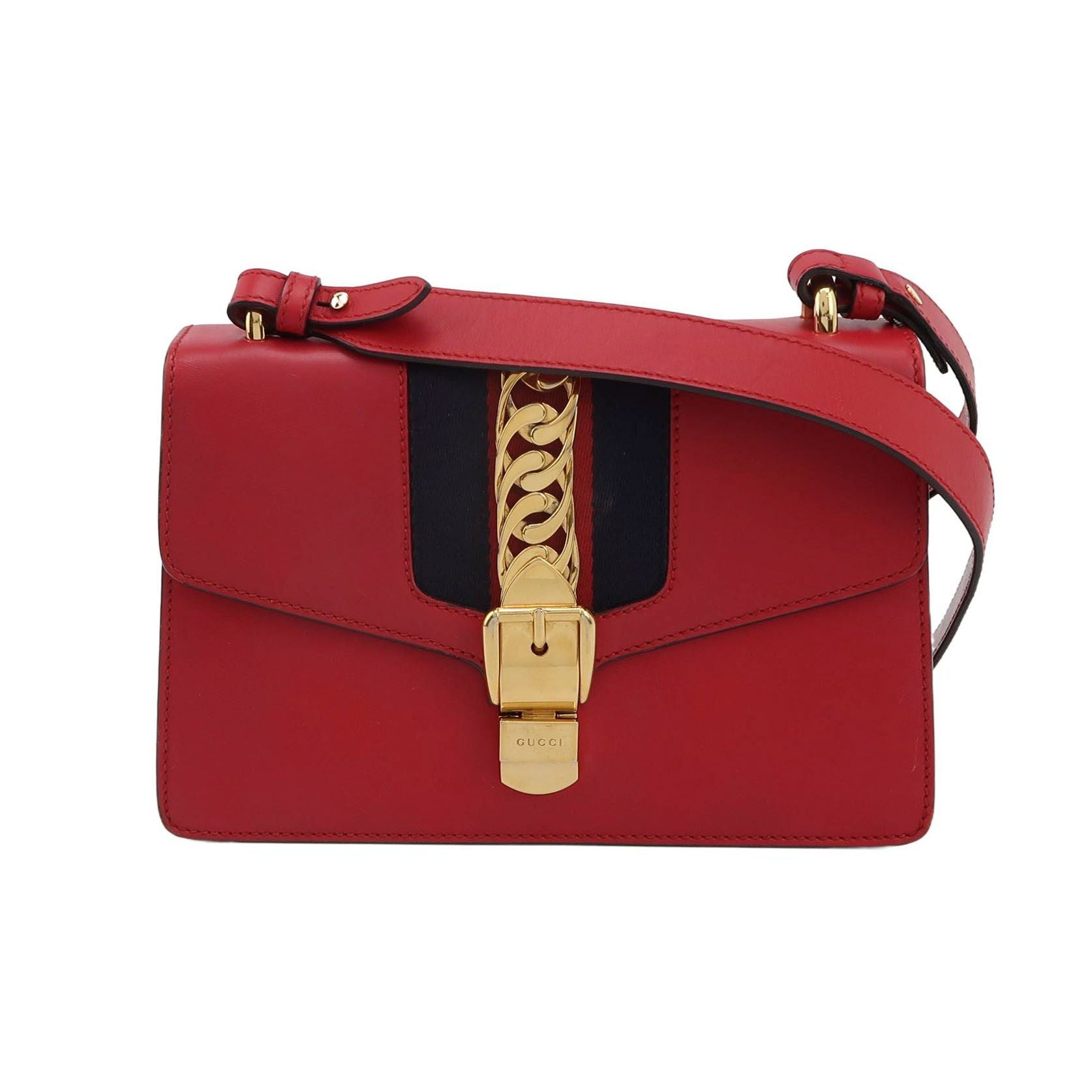 Gucci Sylvie Small Leather Shoulder Bag with Metal Buckle and Web Strap 047853000395