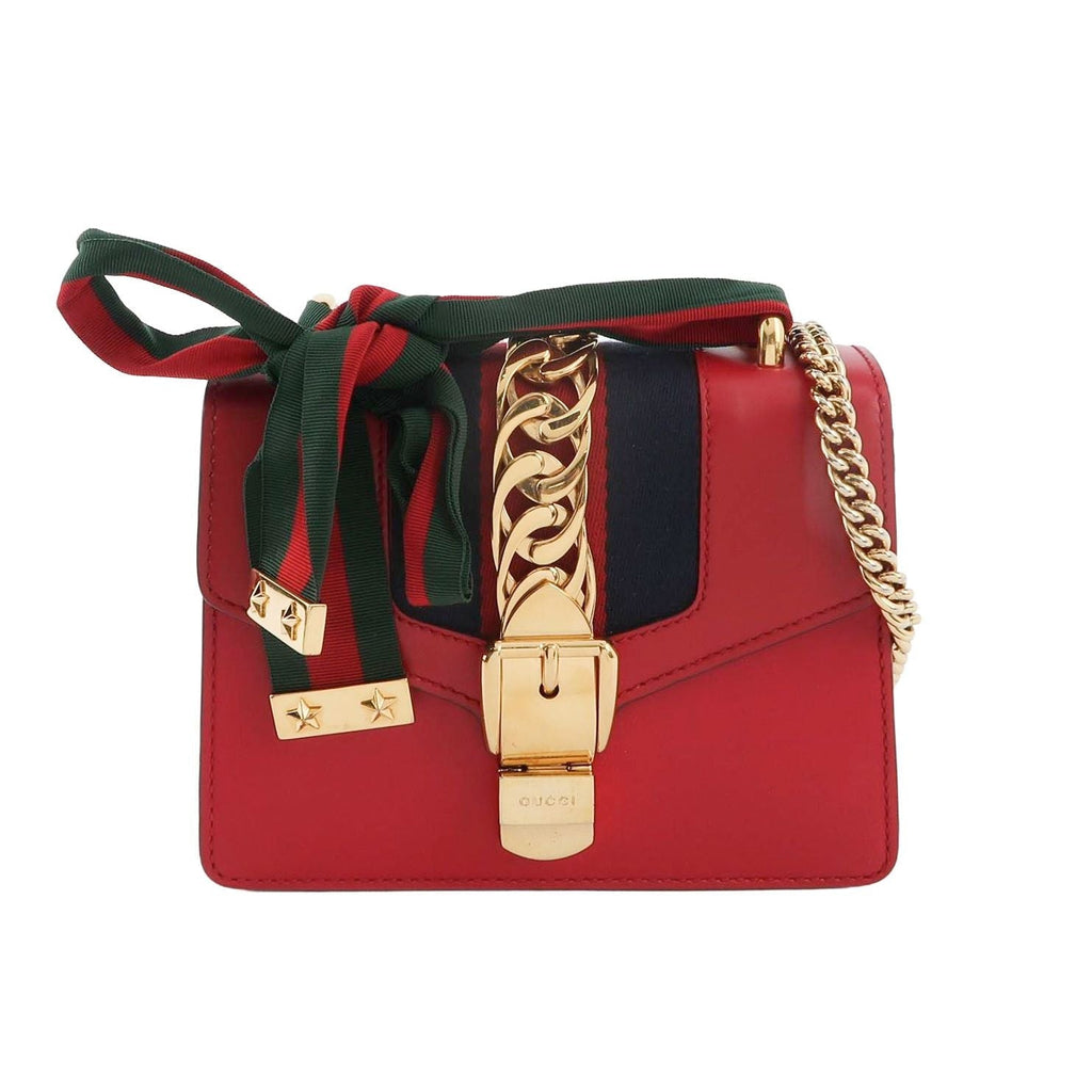 Gucci Sylvie Mini Leather Crossbody Bag with Ribbon and Metal Buckle 057850100218