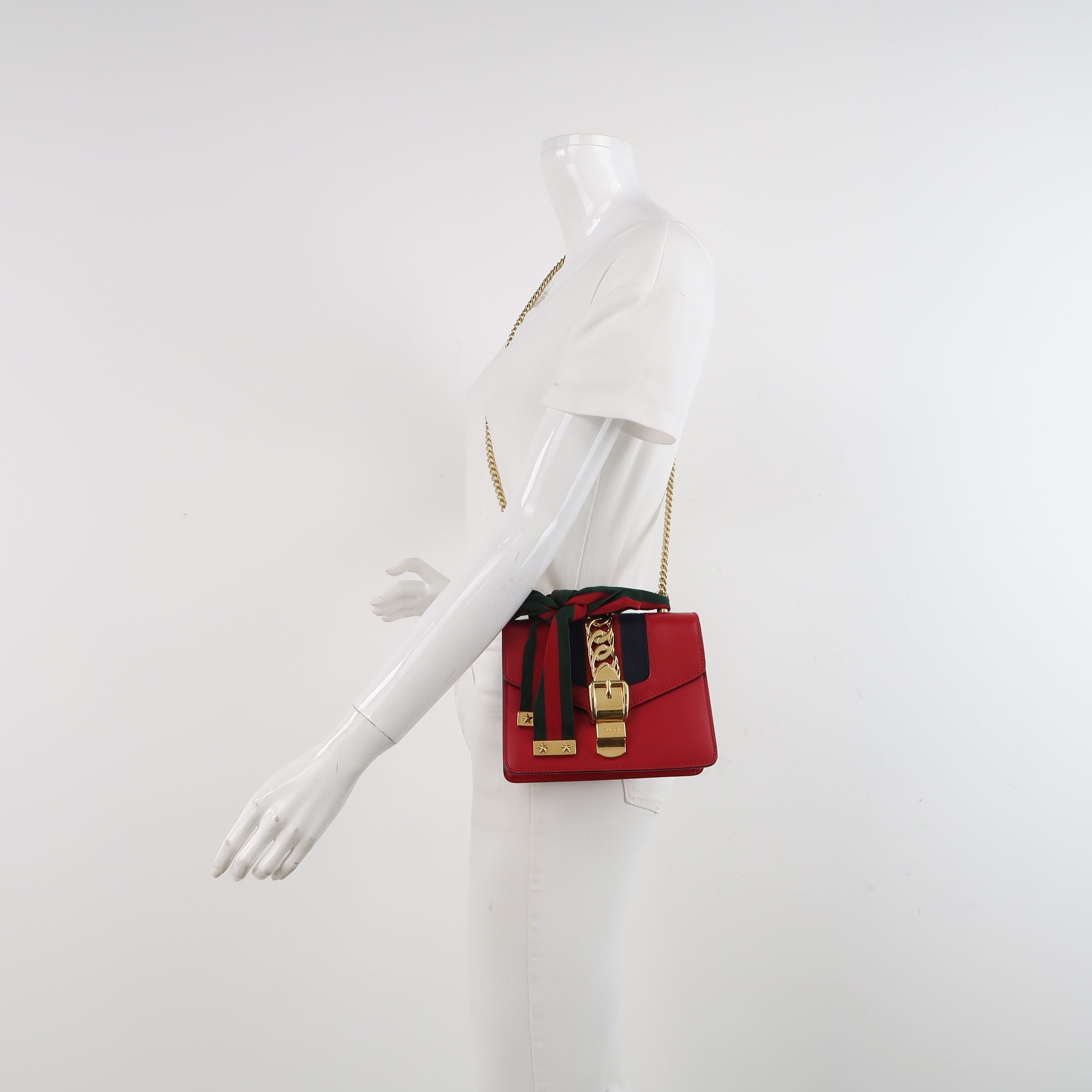 Gucci Sylvie Mini Leather Crossbody Bag with Ribbon and Metal Buckle 250430781173197