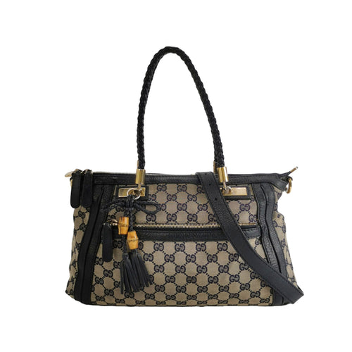 Gucci Bella Series Leather Canvas Bow Decorated Woven Handle Shoulder Bag 250428781169715