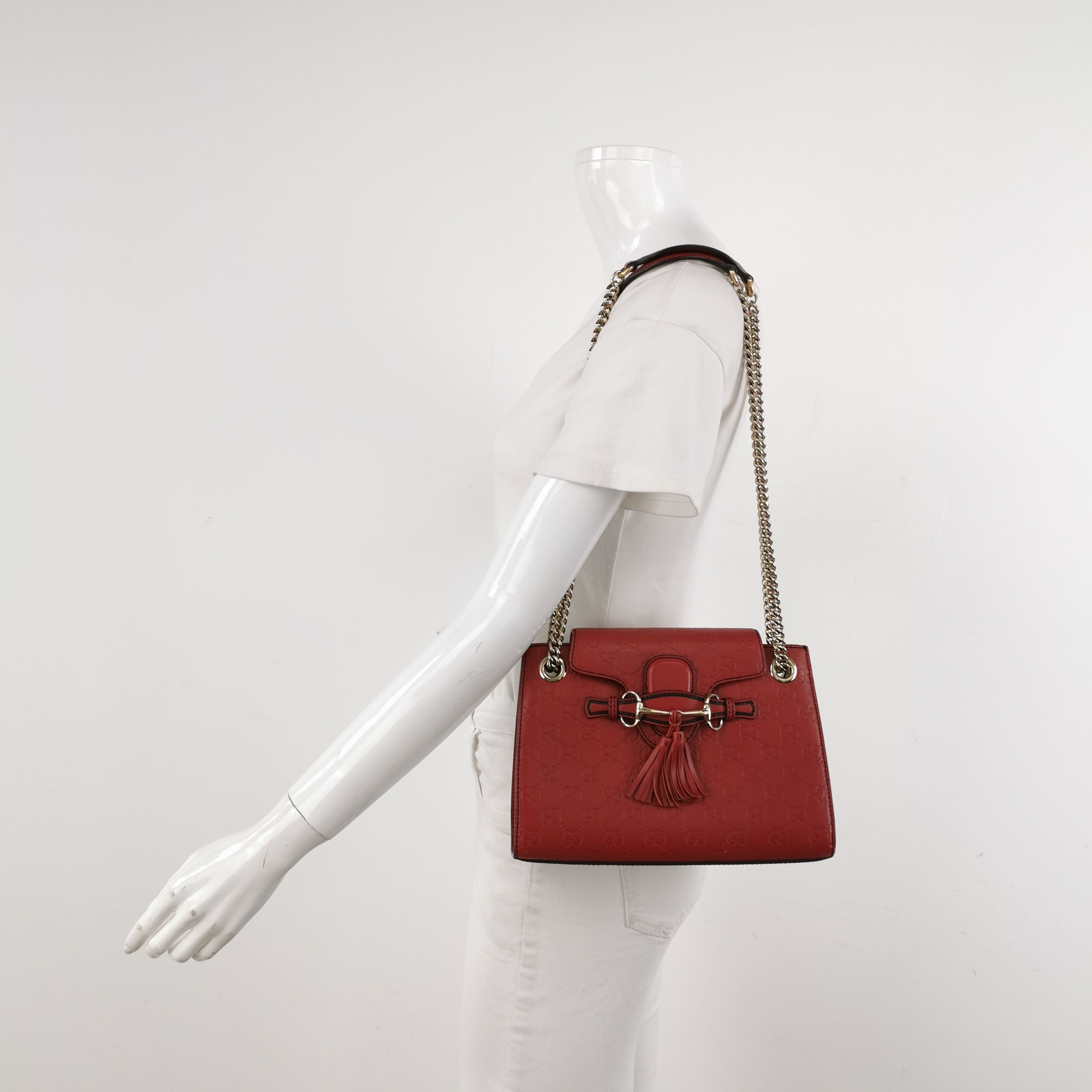 Gucci Emily Small Leather Signature Embossed Tassel Horsebit Shoulder Bag 250416781151984
