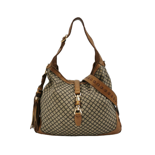 Gucci Jackie Leather and Canvas Mixed Color Bamboo Tassel Shoulder Bag 250414781148854
