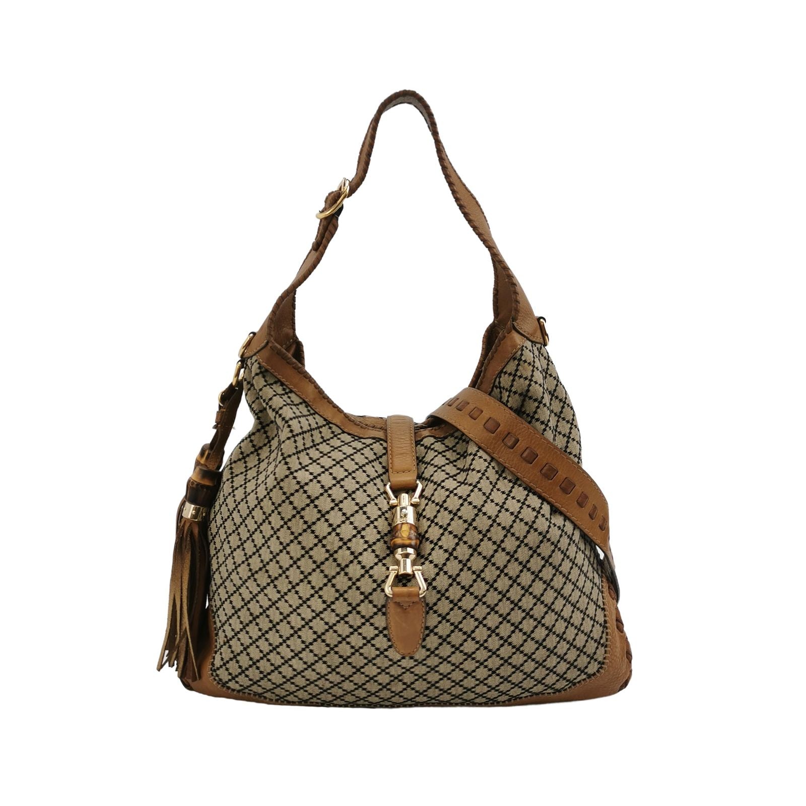 Gucci Jackie Leather and Canvas Mixed Color Bamboo Tassel Shoulder Bag 250414781148854