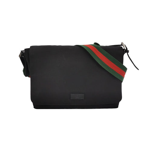 Gucci Leather Nylon Fabric Striped Strap Logo Flap Crossbody Shoulder Bag 250331781129040