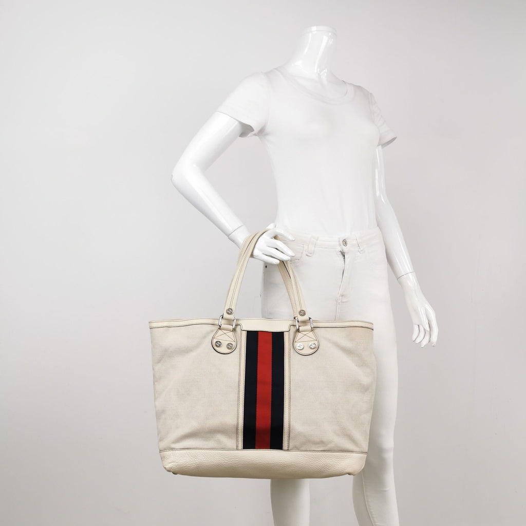 Gucci Leather Canvas Nylon Striped Tote Bag 250329781126203